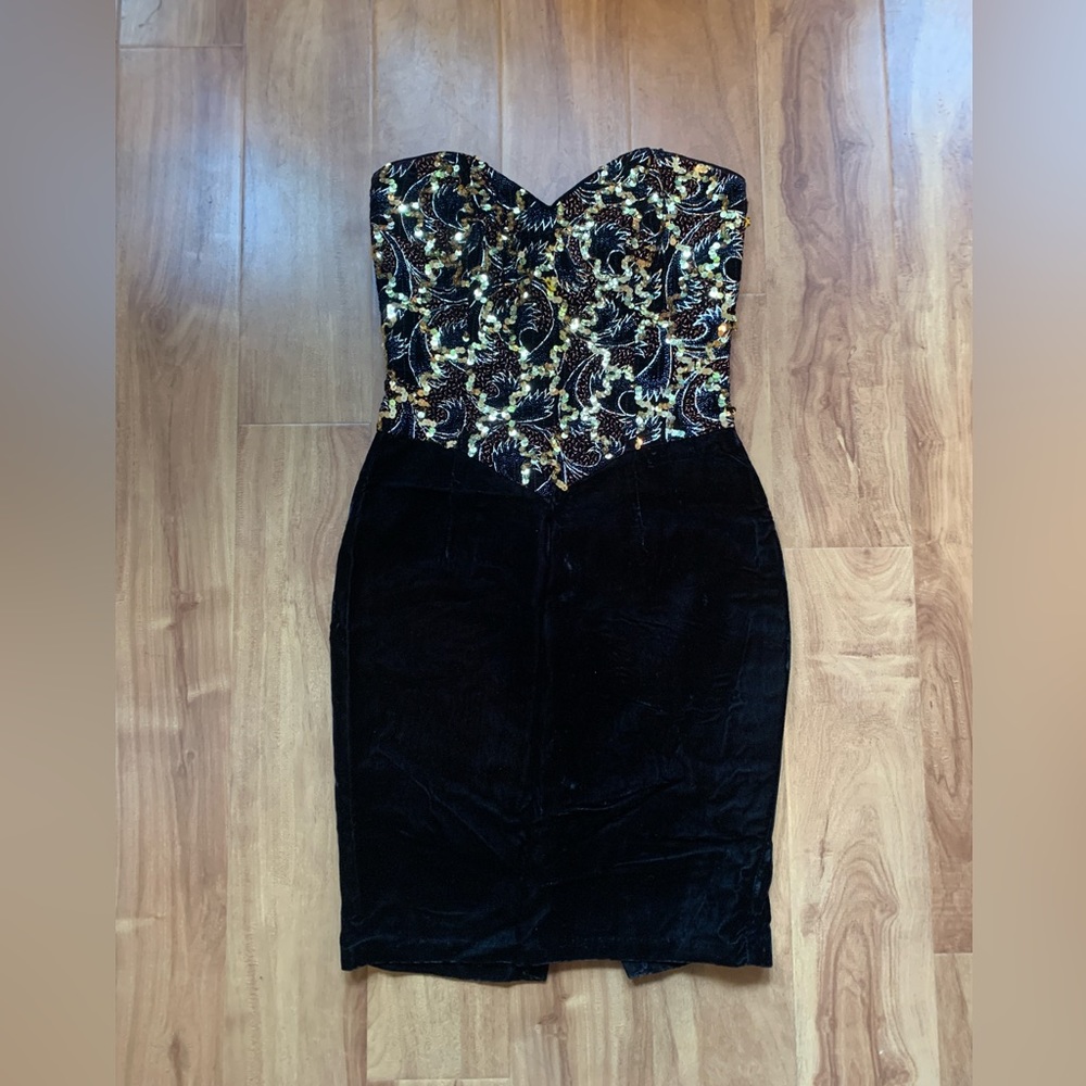 Vintage Black & Gold Jessica McClintock Gunne Sax Strapless Sweetheart MiniDress - Picture 10 of 10